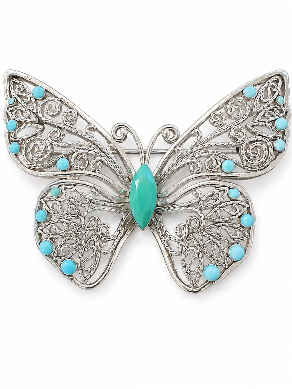 Vintage Monet Butterfly Brooch Silver‎ Tone Filigree Blue Cabochon Accent